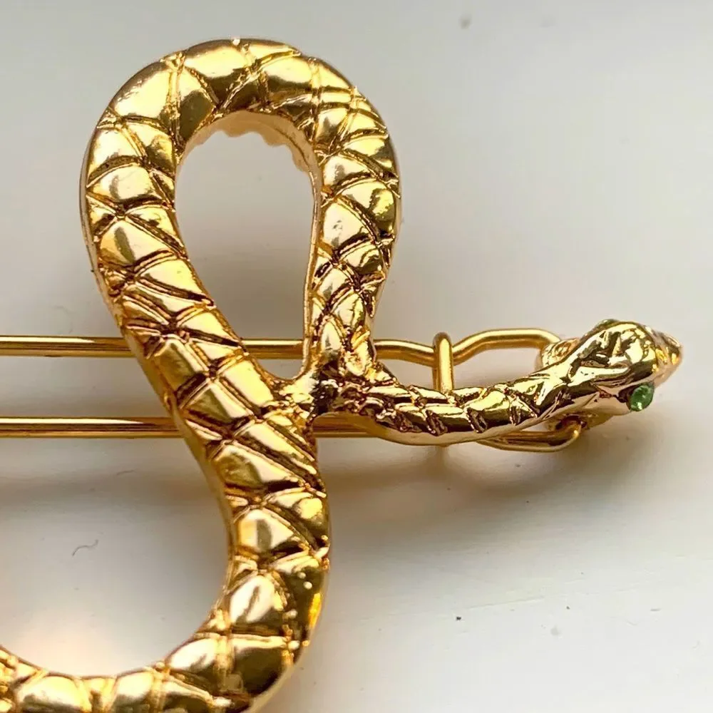 Snake Barrette with Green Eyes - Serpent Punk Edgy Gold Tone Hair Accessory